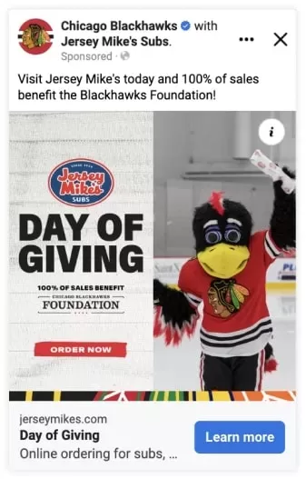 Chicago Blackhaws with Jersey Mike´s Subs | Sponsored Posts: These ads are posts created in collaboration with influencers or content creators to promote the brand or product to their followers.