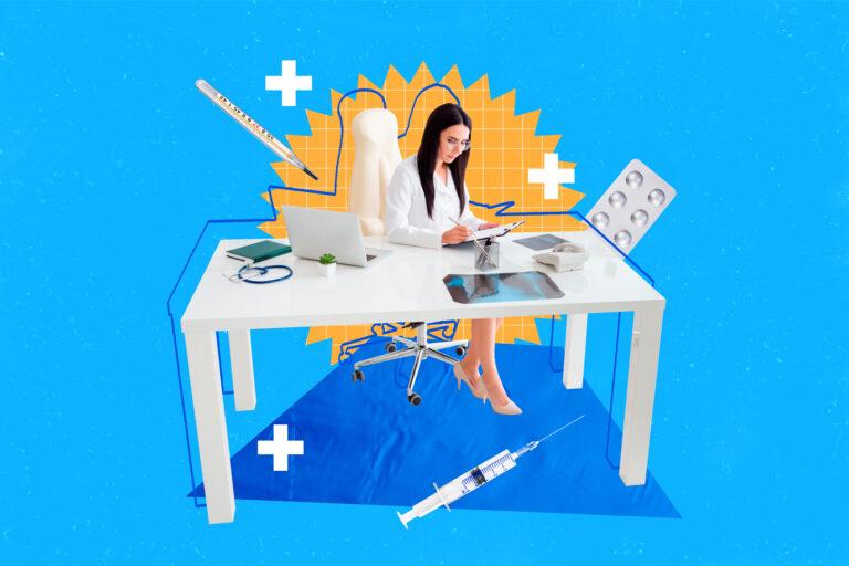Composite photo collage of doc girl write diagnosis pneumonia covid workplace table supplies macbook pills isolated on painted background