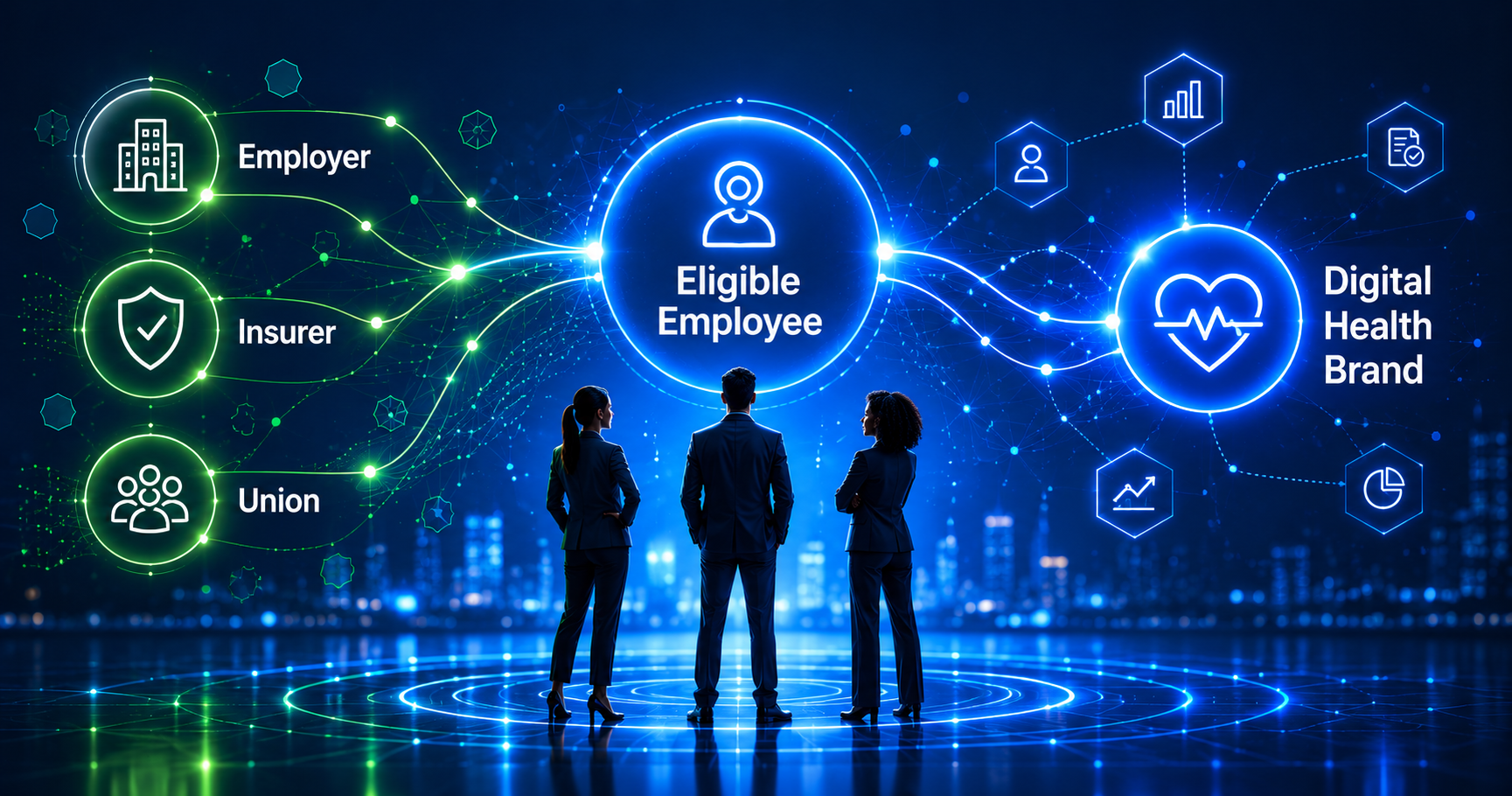 B2B2C healthcare marketing ecosystem connecting employers and insurers to eligible employees through digital health brands