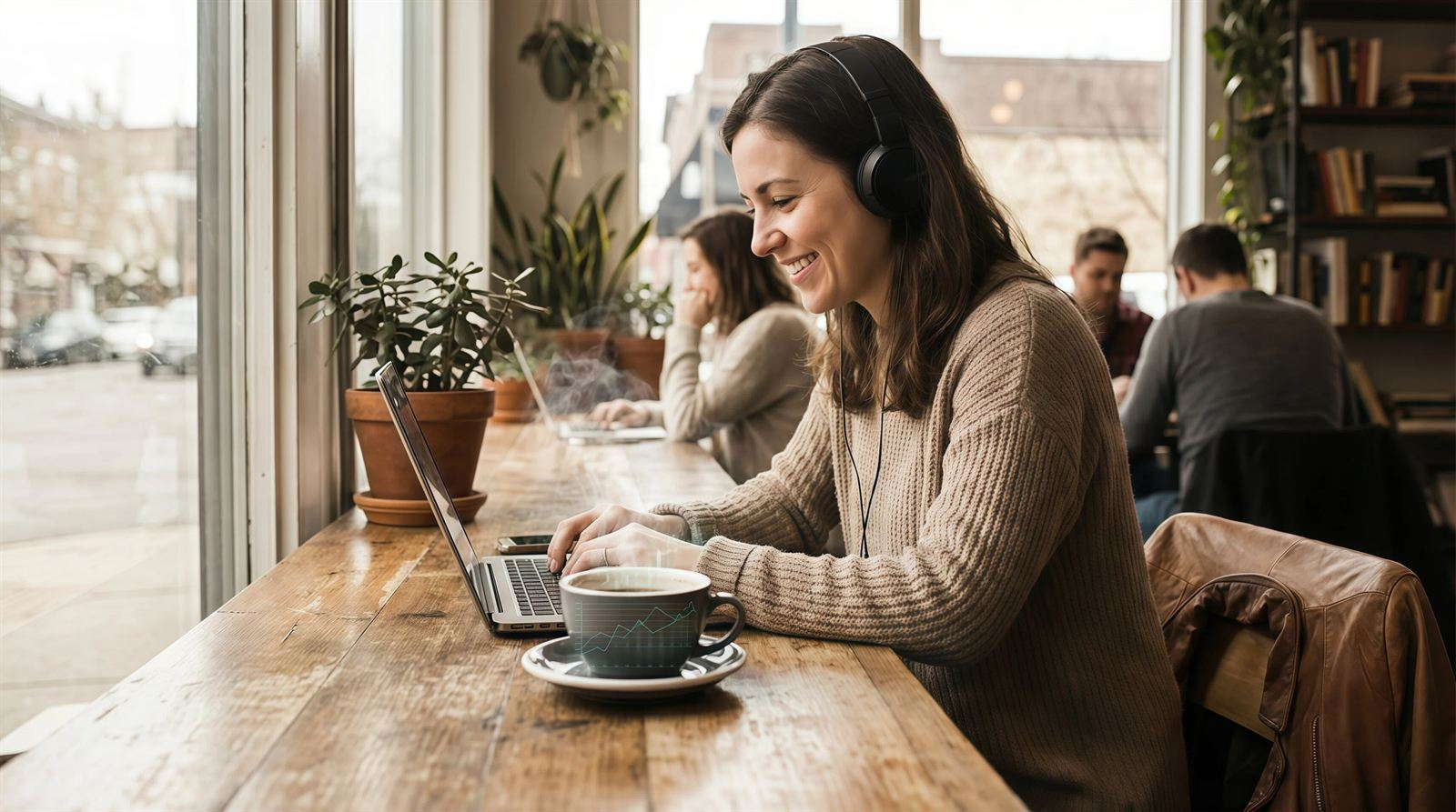 Woman with headphones listening at a laptop in a cafe