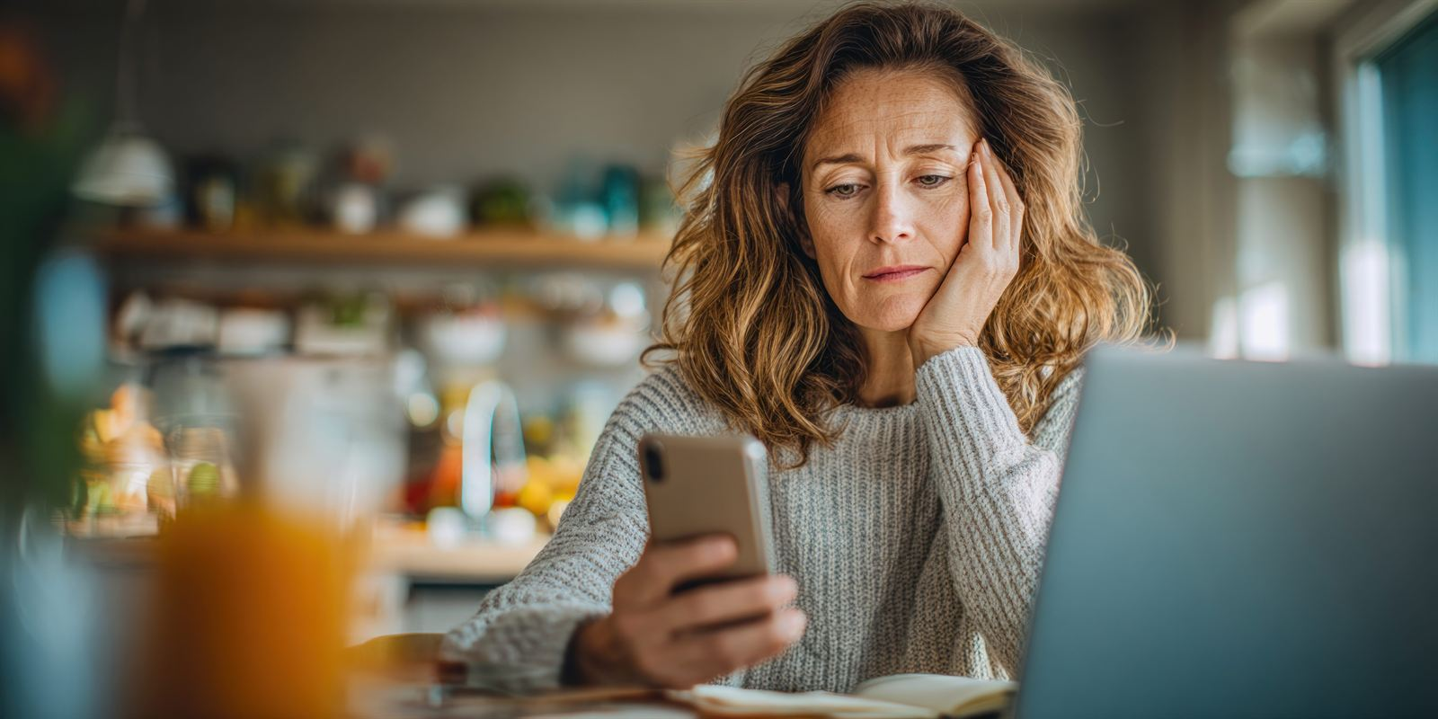 Woman in her forties looking at her phone in her kitchen, the moment before she searches for a solution