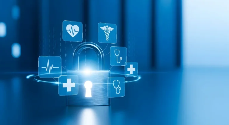 Digital padlock surrounded by health icons representing privacy and security controls on digital health data