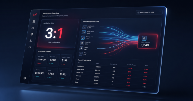 Digital health marketing metrics dashboard showing CAC, LTV ratio, and MER for patient acquisition programs