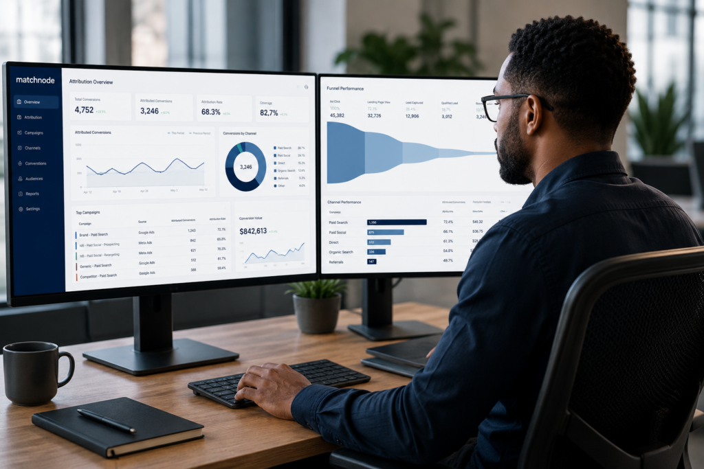 Digital health marketing team reviewing campaign attribution data on a dashboard