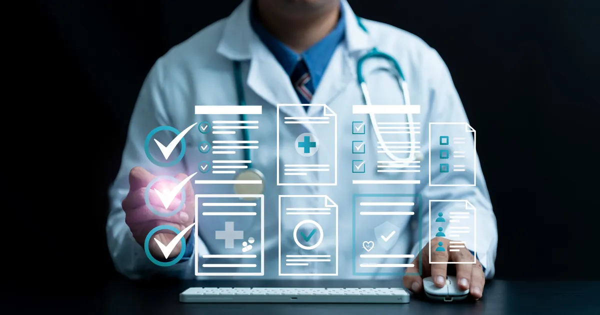Healthcare professional reviewing credential checklists and certification documents on a digital interface