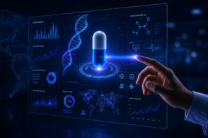 Abstract data architecture visualization representing patient acquisition strategy infrastructure for digital health companies