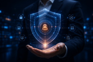 Abstract compliance shield visualization representing HIPAA-compliant digital health marketing infrastructure and data protection