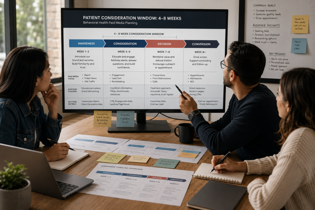 Marketing team reviewing campaign timeline showing 4 to 8 week behavioral health patient consideration window for paid media planning