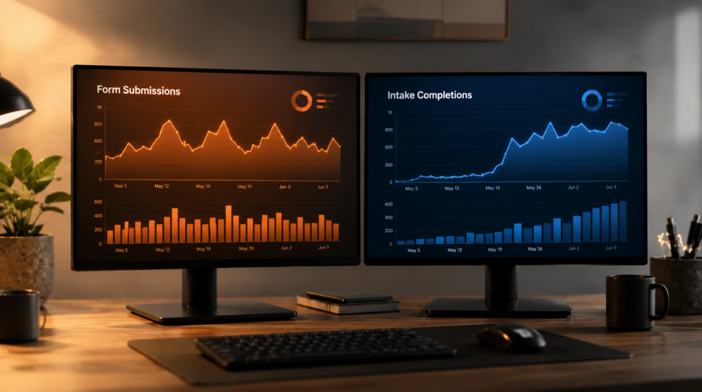 Side-by-side analytics comparison of form submission signals versus CAPI intake completion signals for behavioral health patient acquisition attribution