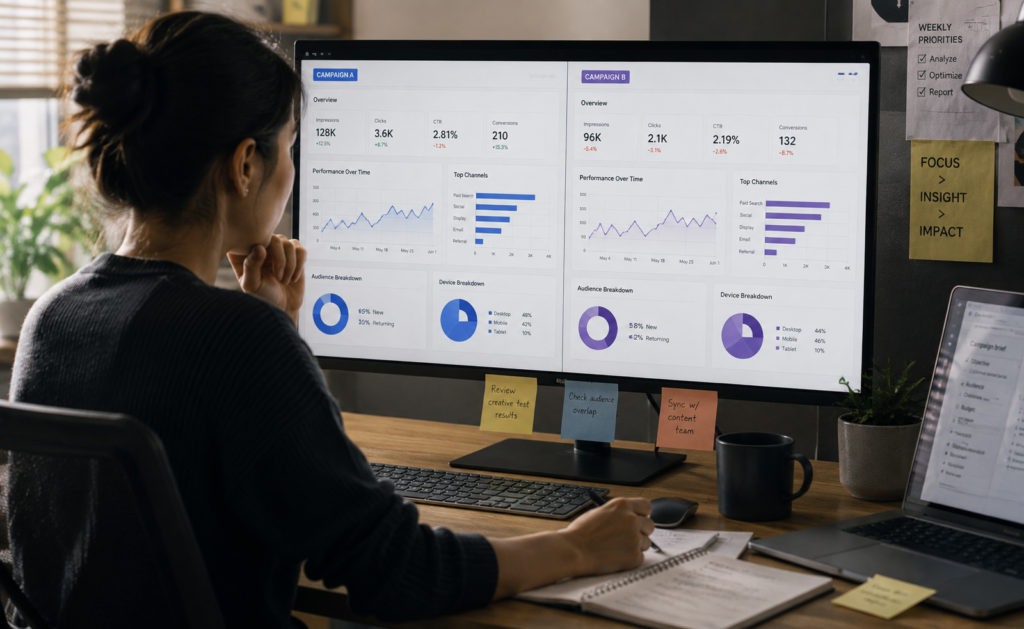 Side-by-side analytics comparison showing leading engagement metrics versus lagging CAPI patient acquisition metrics for authentic content performance evaluation