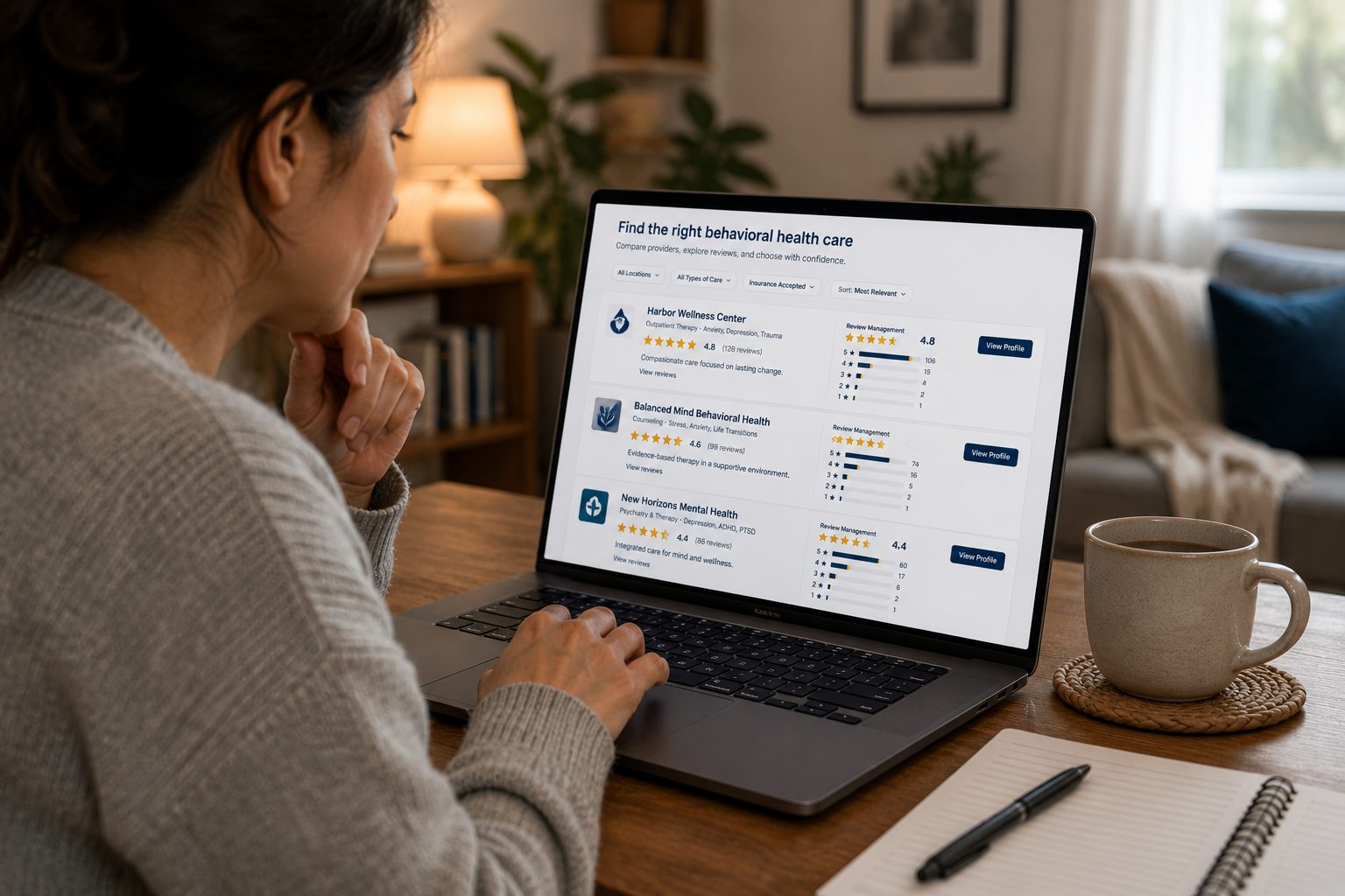 Person comparing healthcare review management listings on a laptop at home before choosing care